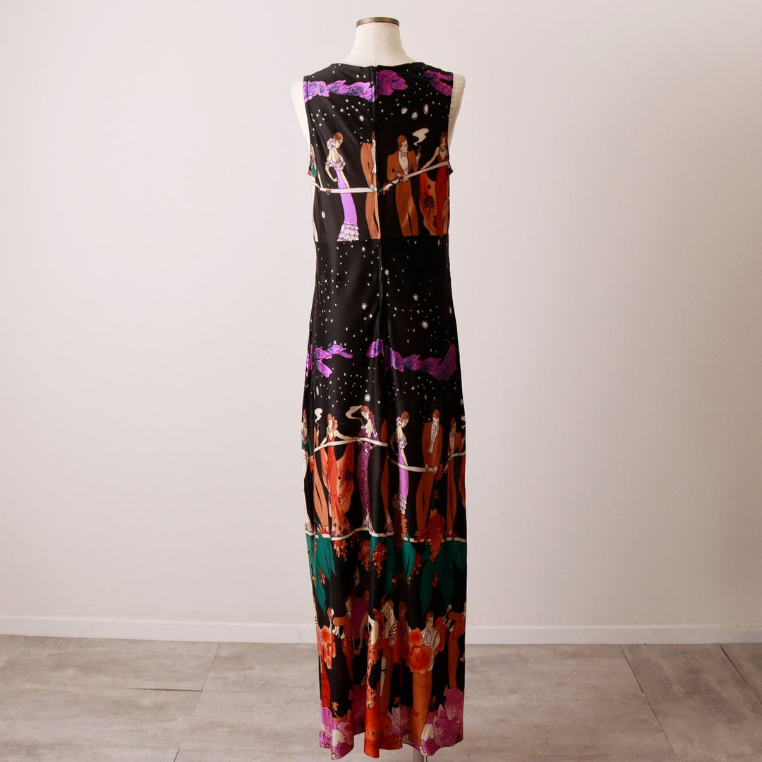 All-over print maxi length sleeveless dress, women's size M unclear black type Vintage Second Hand