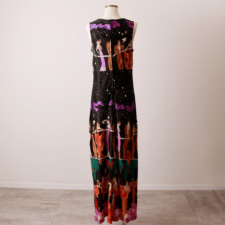 All-over print maxi length sleeveless dress, women's size M unclear black type Vintage Second Hand