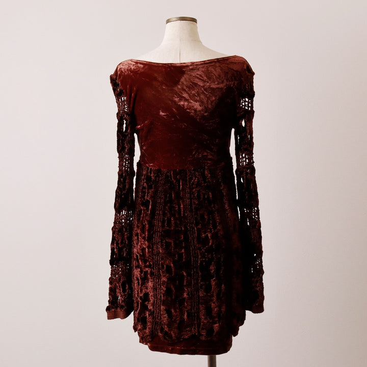 TRICIA JONES Velour Cutwork Embroidered Long Sleeve Flared Mini Dress, Women's Size M acetate brown type Vintage Second Hand