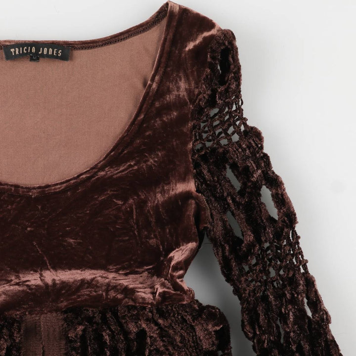 TRICIA JONES Velour Cutwork Embroidered Long Sleeve Flared Mini Dress, Women's Size M acetate brown type Vintage Second Hand