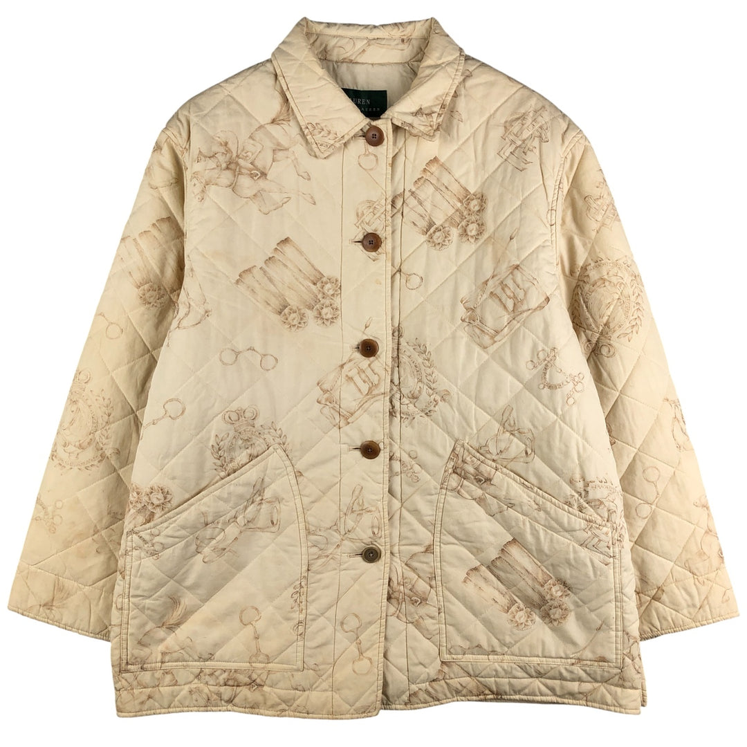 Ralph Lauren LAUREN Lauren all-over print quilted puffer jacket, women's size L cotton ivory Vintage Second Hand