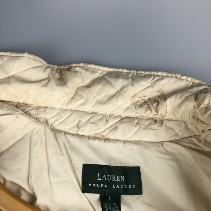 Ralph Lauren LAUREN Lauren all-over print quilted puffer jacket, women's size L cotton ivory Vintage Second Hand