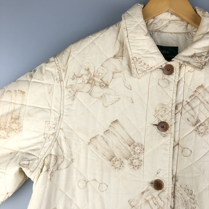 Ralph Lauren LAUREN Lauren all-over print quilted puffer jacket, women's size L cotton ivory Vintage Second Hand