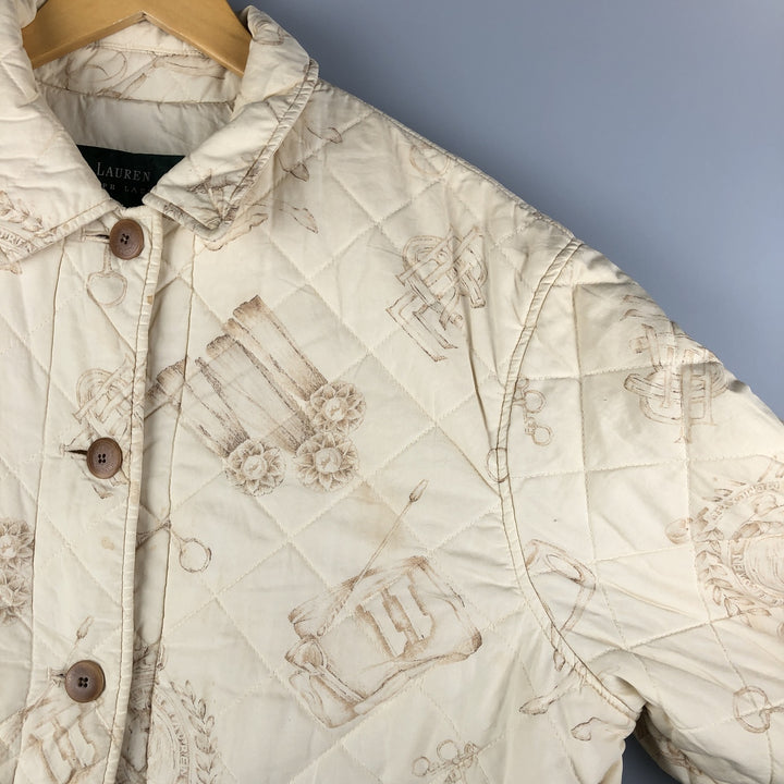 Ralph Lauren LAUREN Lauren all-over print quilted puffer jacket, women's size L cotton ivory Vintage Second Hand