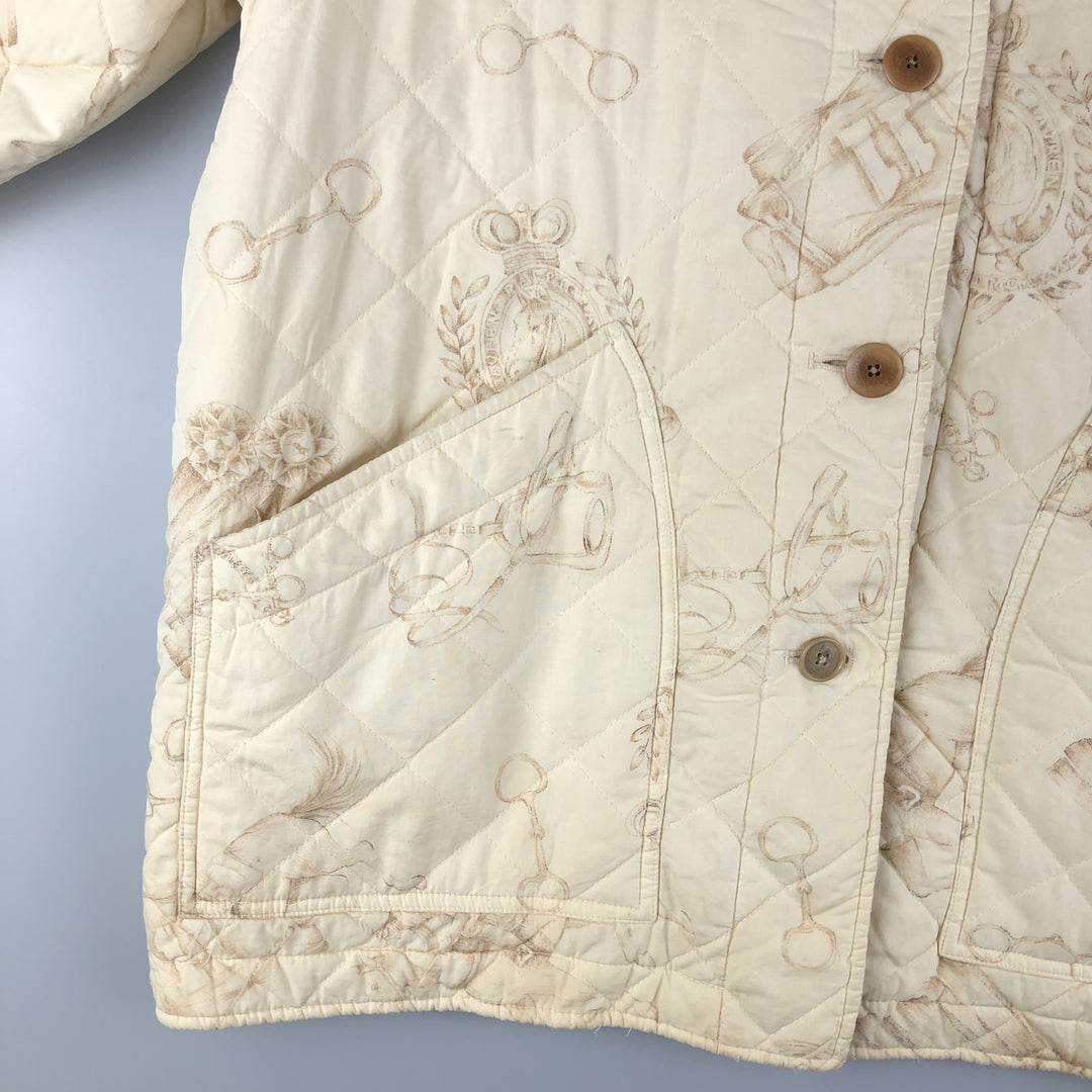 Ralph Lauren LAUREN Lauren all-over print quilted puffer jacket, women's size L cotton ivory Vintage Second Hand