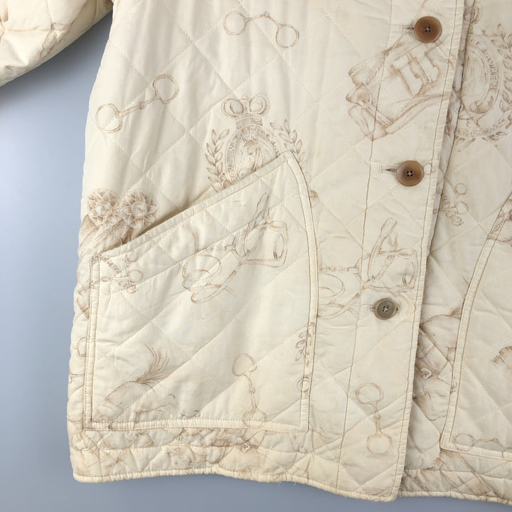 Ralph Lauren LAUREN Lauren all-over print quilted puffer jacket, women's size L cotton ivory Vintage Second Hand