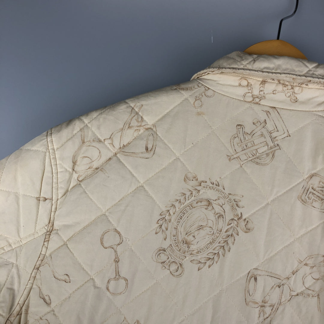 Ralph Lauren LAUREN Lauren all-over print quilted puffer jacket, women's size L cotton ivory Vintage Second Hand