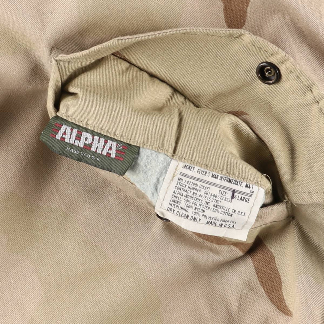 Alpha MA-1 Type Camouflage Pattern 3C Desert Camo Padded Military Flight Jacket, Made in USA, Men's Size XL polyester Khaki type brown Vintage Second Hand