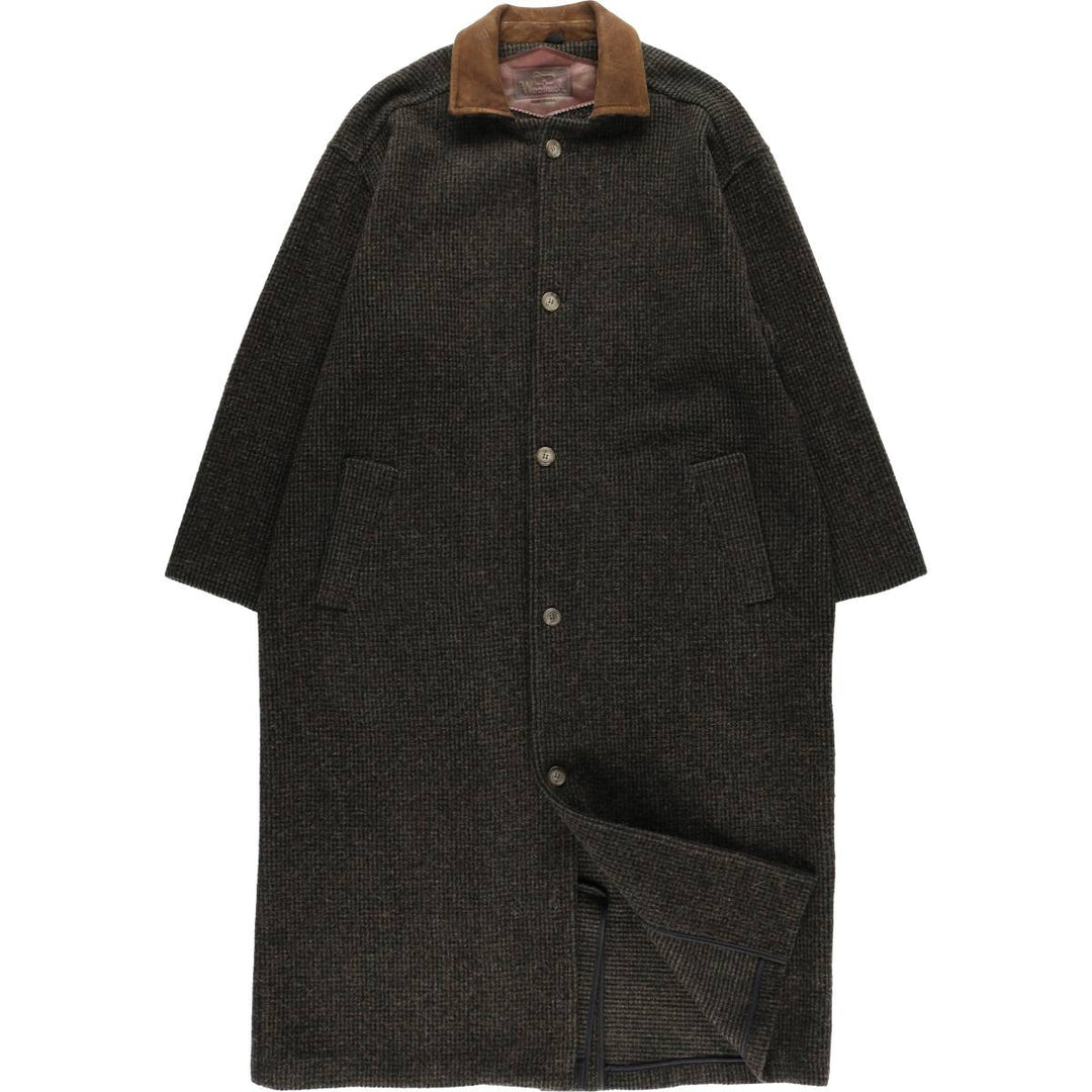 WOOLRICH All-Over Print Wool Long Coat, Made in USA, Men's Size L, Vintage wool Khaki type brown Vintage Second Hand