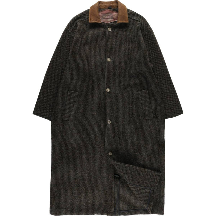 WOOLRICH All-Over Print Wool Long Coat, Made in USA, Men's Size L, Vintage wool Khaki type brown Vintage Second Hand