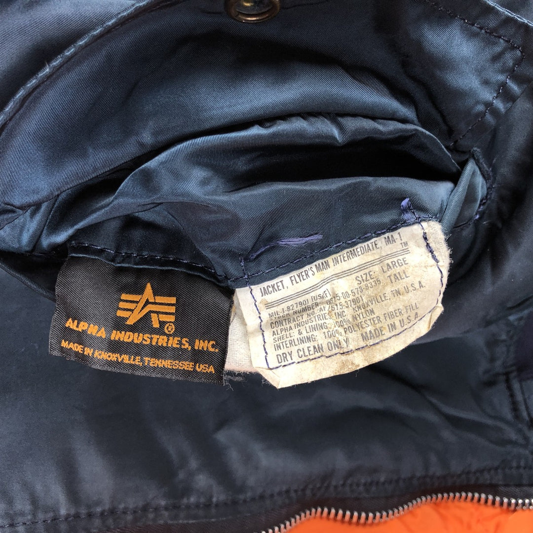 90'S civilian Alpha MA-1 style padded military flight jacket, made in the USA, men's size L, vintage Nylon navy blue type Vintage Second Hand