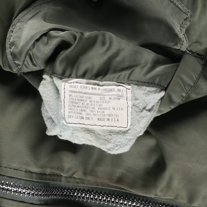 90'S civilian Alpha MA-1 style padded military flight jacket, made in the USA, men's size M, vintage Nylon Khaki type Vintage Second Hand