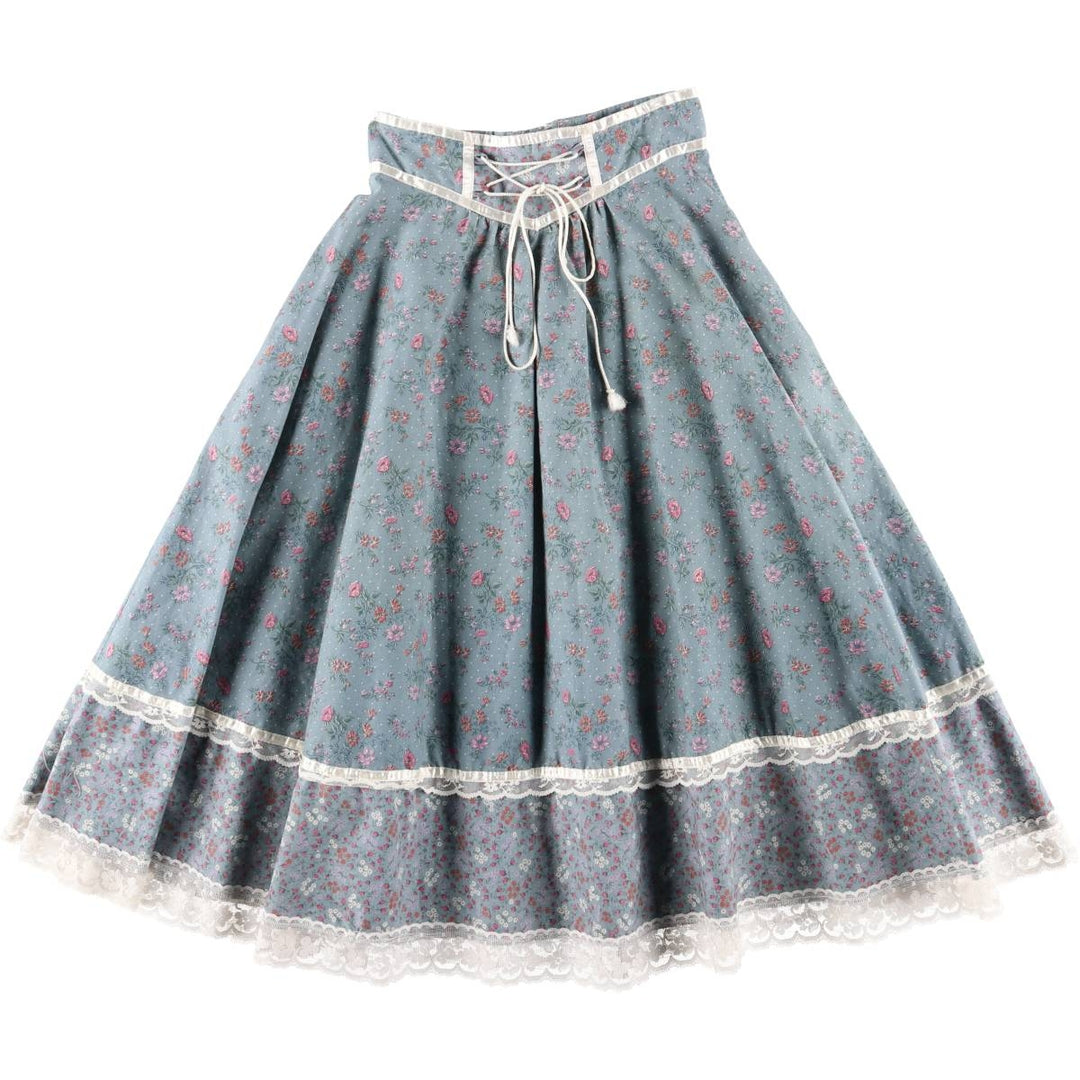 Vintage 1970'S Gunne Sax floral lace-up cotton midi-length flared skirt, size XS, women's cotton Blue type light blue Vintage Second Hand