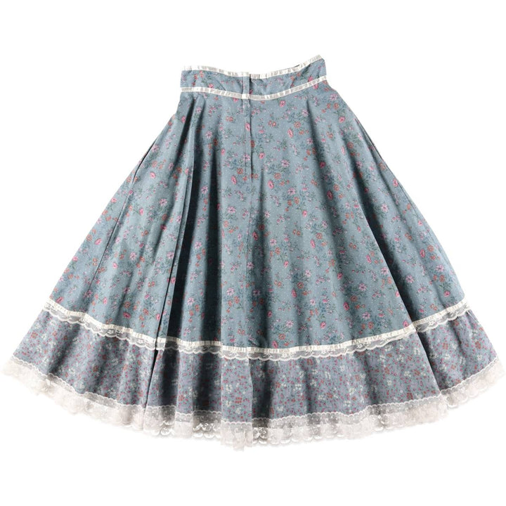 Vintage 1970'S Gunne Sax floral lace-up cotton midi-length flared skirt, size XS, women's cotton Blue type light blue Vintage Second Hand