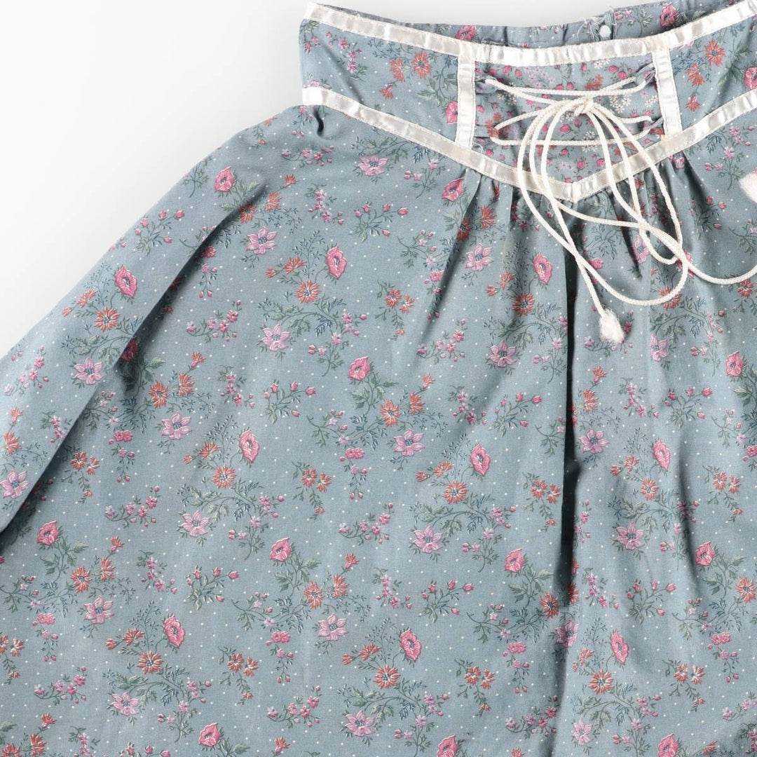 Vintage 1970'S Gunne Sax floral lace-up cotton midi-length flared skirt, size XS, women's cotton Blue type light blue Vintage Second Hand