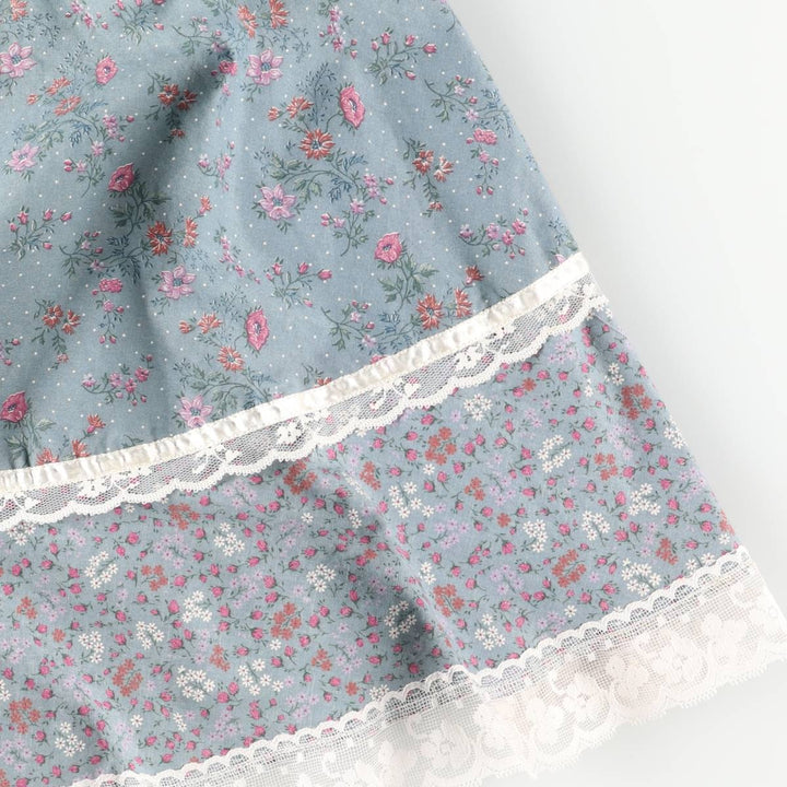 Vintage 1970'S Gunne Sax floral lace-up cotton midi-length flared skirt, size XS, women's cotton Blue type light blue Vintage Second Hand
