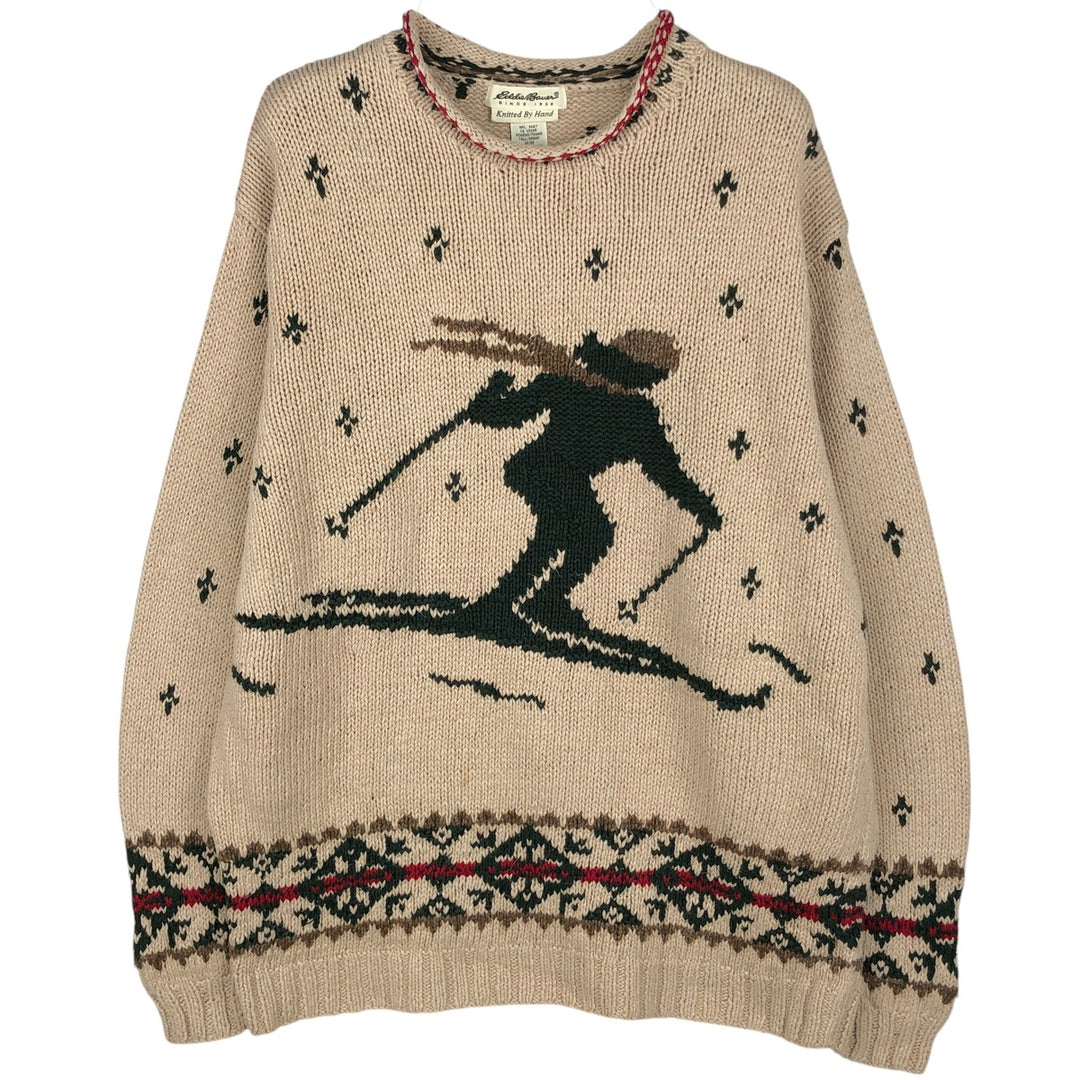Eddie Bauer all-over print roll neck ski pattern cotton and linen knit sweater, size M linen beige type brown Vintage Second Hand