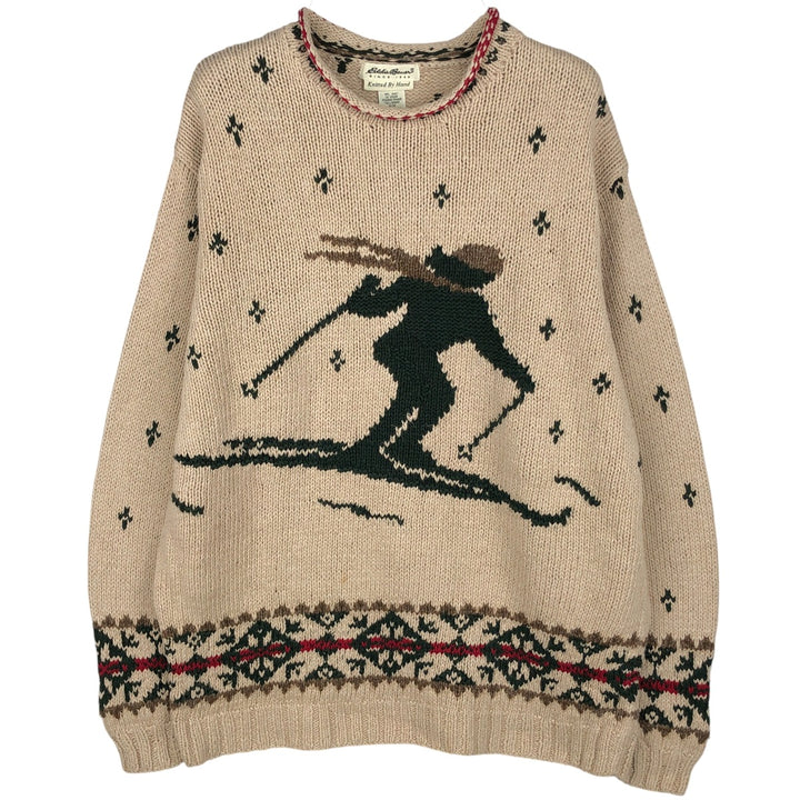 Eddie Bauer all-over print roll neck ski pattern cotton and linen knit sweater, size M linen beige type brown Vintage Second Hand