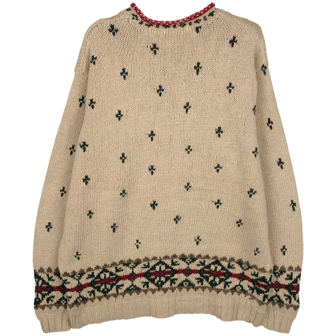 Eddie Bauer all-over print roll neck ski pattern cotton and linen knit sweater, size M linen beige type brown Vintage Second Hand