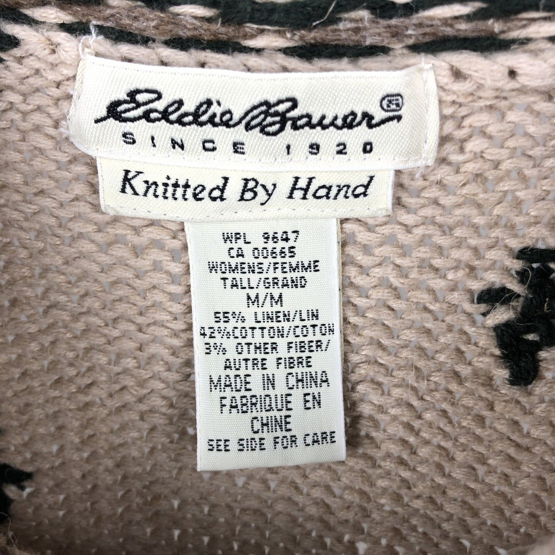 Eddie Bauer all-over print roll neck ski pattern cotton and linen knit sweater, size M linen beige type brown Vintage Second Hand