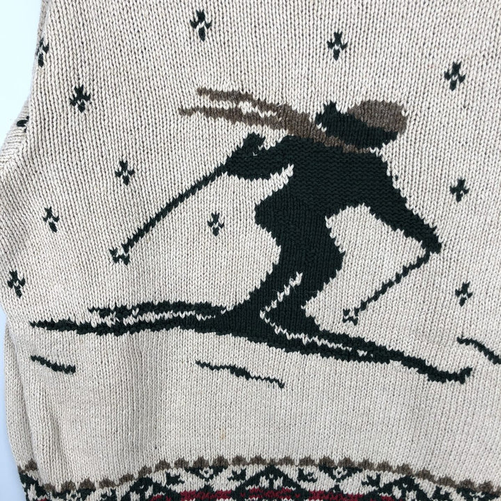Eddie Bauer all-over print roll neck ski pattern cotton and linen knit sweater, size M linen beige type brown Vintage Second Hand