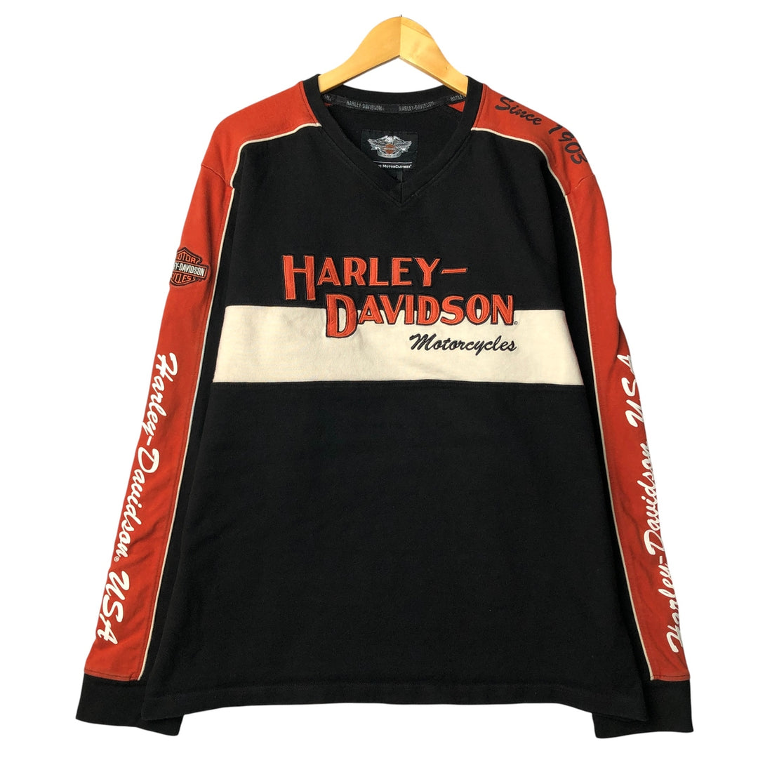 Harley-Davidson V-neck Stars and Stripes Long Sleeve T-Shirt, Men's XL cotton orange type Vintage Second Hand