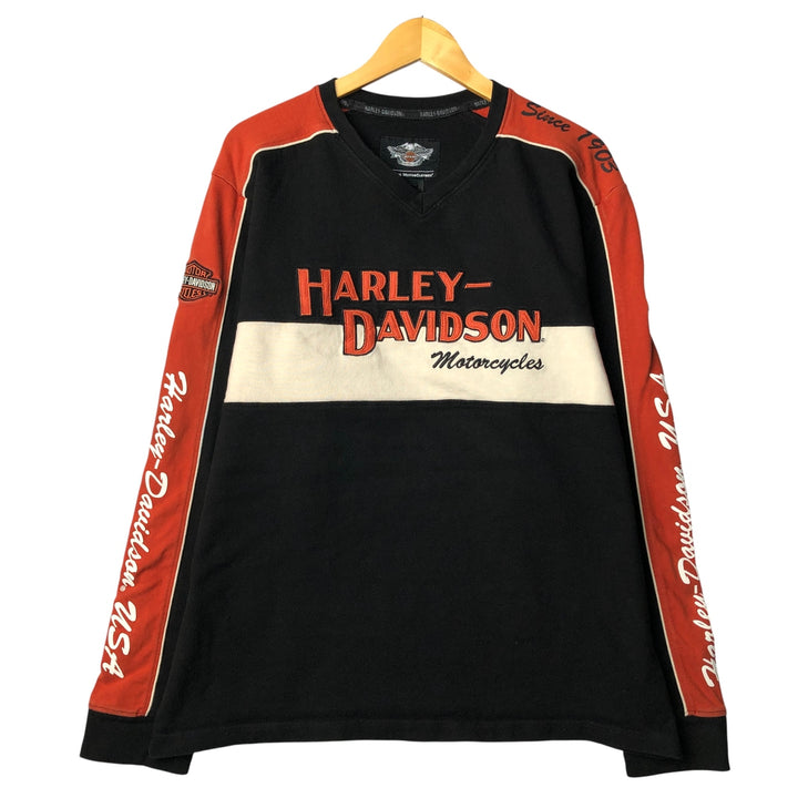Harley-Davidson V-neck Stars and Stripes Long Sleeve T-Shirt, Men's XL cotton orange type Vintage Second Hand