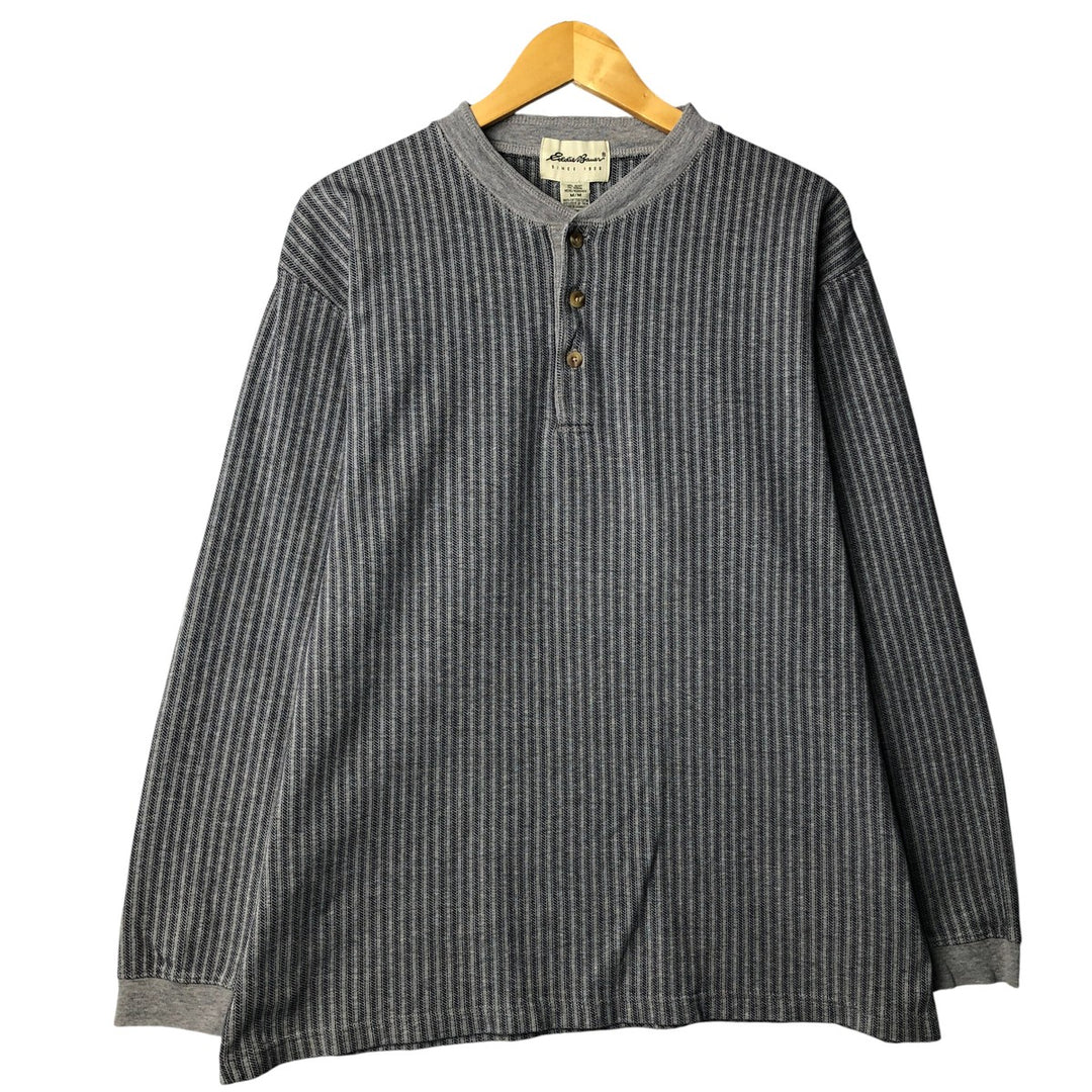 Eddie Bauer Stripe Pattern Henley Neck Long T-Shirt, Men's Size Medium cotton gray type Vintage Second Hand