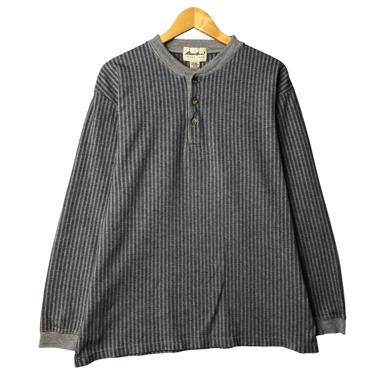 Eddie Bauer Stripe Pattern Henley Neck Long T-Shirt, Men's Size Medium cotton gray type Vintage Second Hand