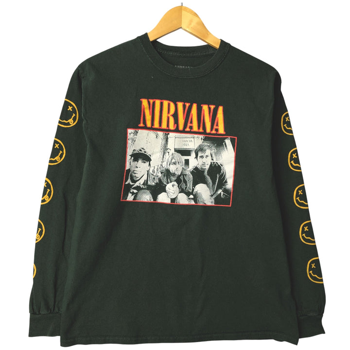 NIRVANA Print Long Sleeve Band T-Shirt, Men's Size Medium cotton Green type dark green Vintage Second Hand