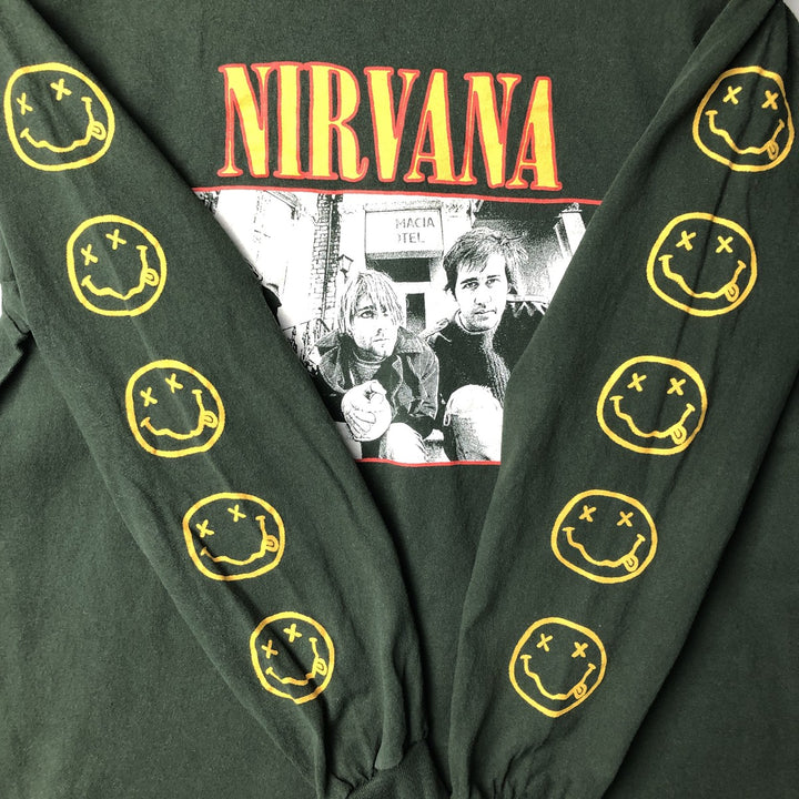 NIRVANA Print Long Sleeve Band T-Shirt, Men's Size Medium cotton Green type dark green Vintage Second Hand