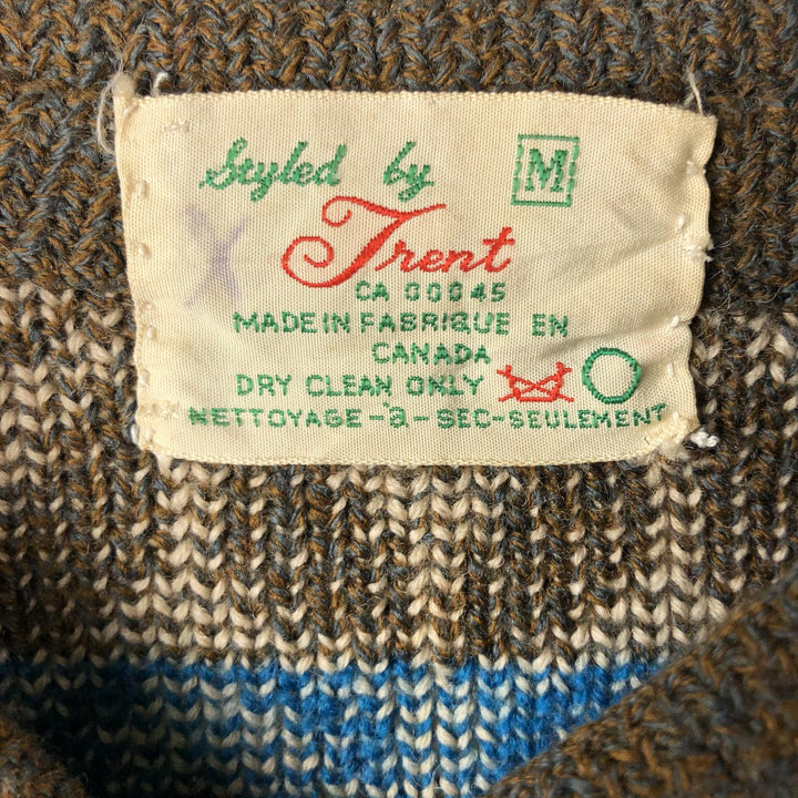 Trent Print Wool Knit Cardigan, Made in Canada, Women's Size Medium unclear brown type Vintage Second Hand