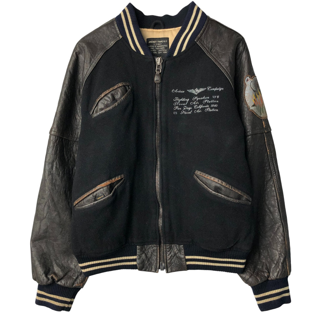 1980'S Avirex G-2 Padded Wool and Leather Sleeve Varsity Jacket, Men's Size Small wool black type Vintage Second Hand