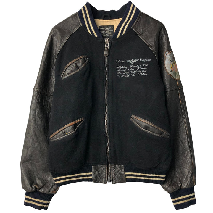 1980'S Avirex G-2 Padded Wool and Leather Sleeve Varsity Jacket, Men's Size Small wool black type Vintage Second Hand