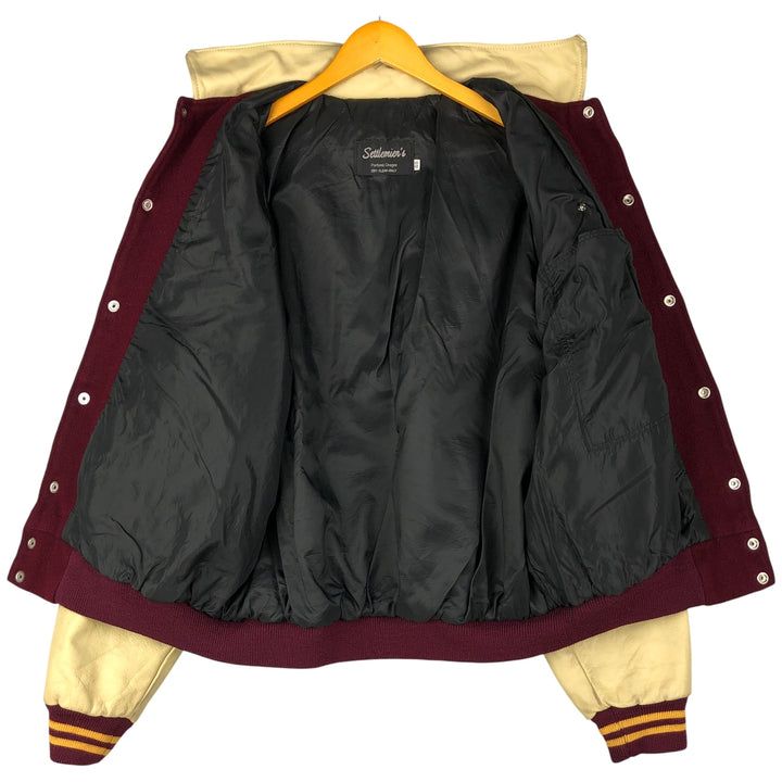 Settlemeyers SETTLEMIERS Collared Leather and Wool Button-Down Varsity Jacket with Pin Badge, Men's XXL wool wine-red Vintage Second Hand