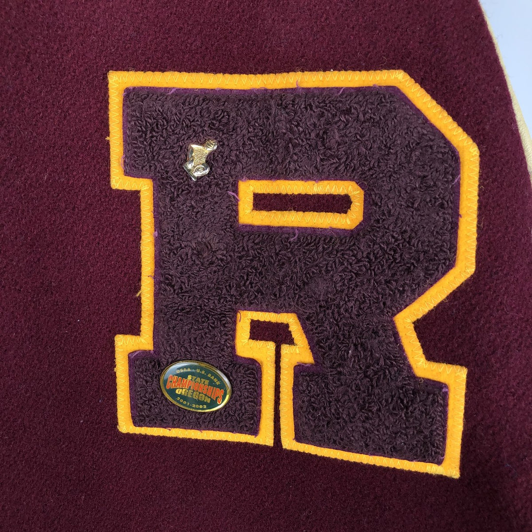 Settlemeyers SETTLEMIERS Collared Leather and Wool Button-Down Varsity Jacket with Pin Badge, Men's XXL wool wine-red Vintage Second Hand