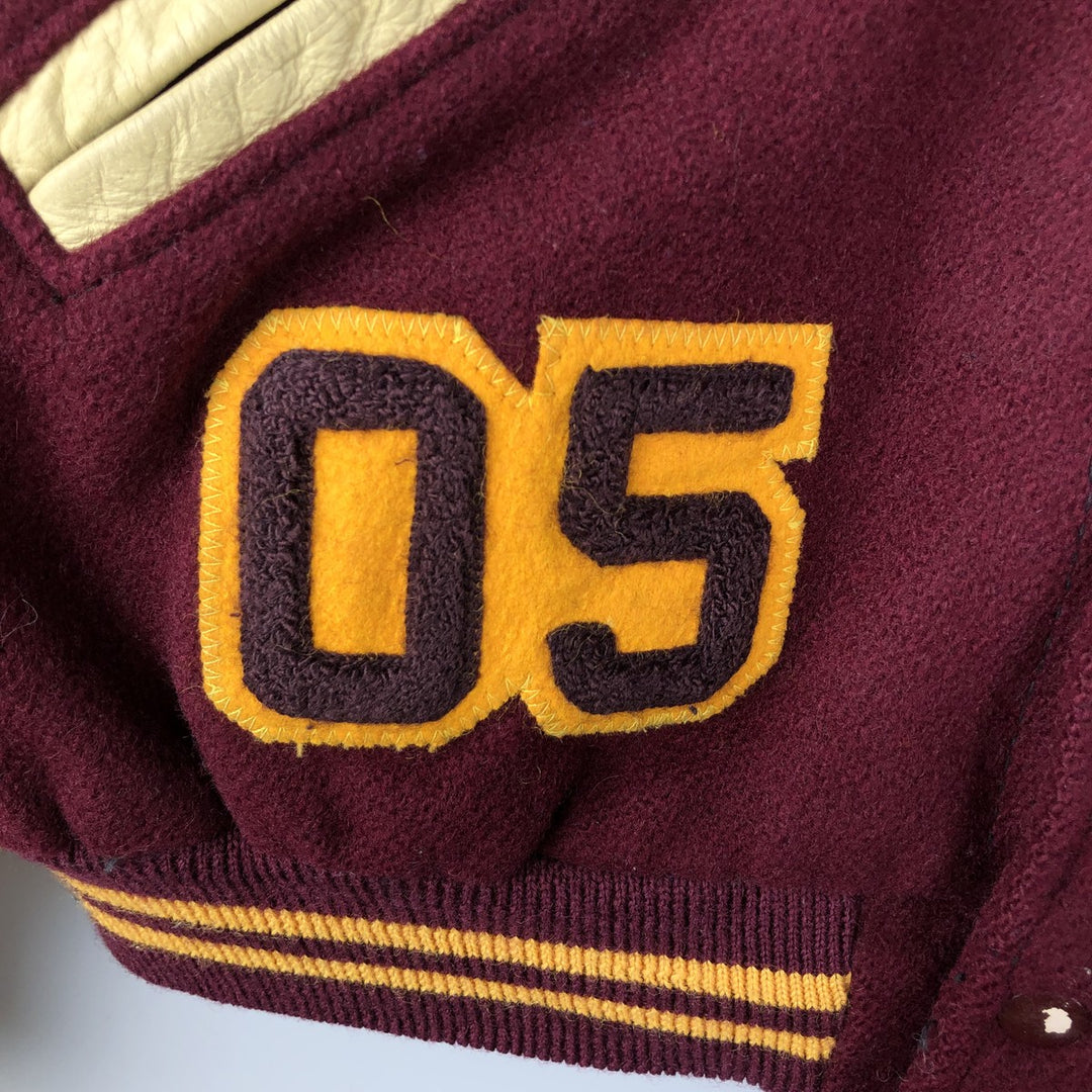 Settlemeyers SETTLEMIERS Collared Leather and Wool Button-Down Varsity Jacket with Pin Badge, Men's XXL wool wine-red Vintage Second Hand