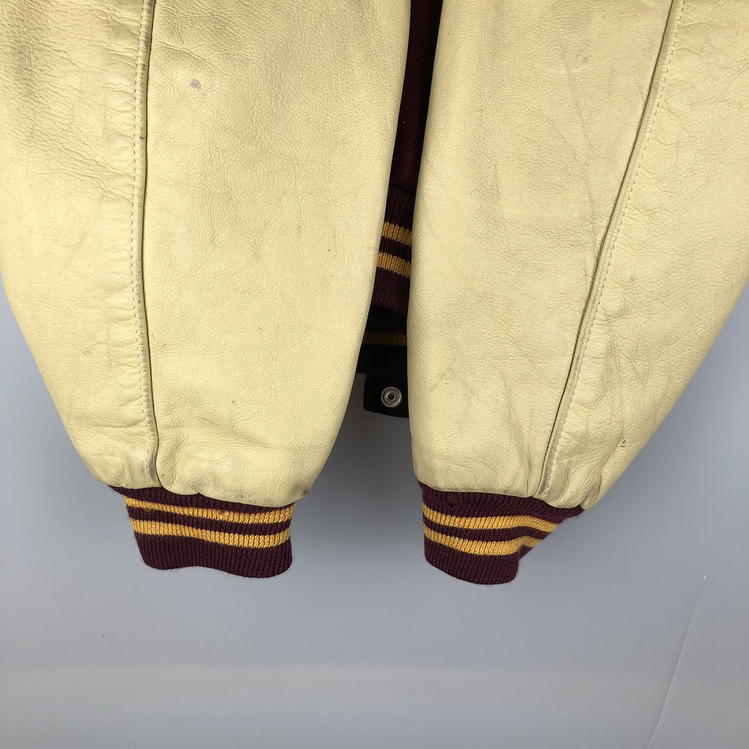 Settlemeyers SETTLEMIERS Collared Leather and Wool Button-Down Varsity Jacket with Pin Badge, Men's XXL wool wine-red Vintage Second Hand