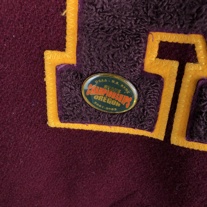 Settlemeyers SETTLEMIERS Collared Leather and Wool Button-Down Varsity Jacket with Pin Badge, Men's XXL wool wine-red Vintage Second Hand