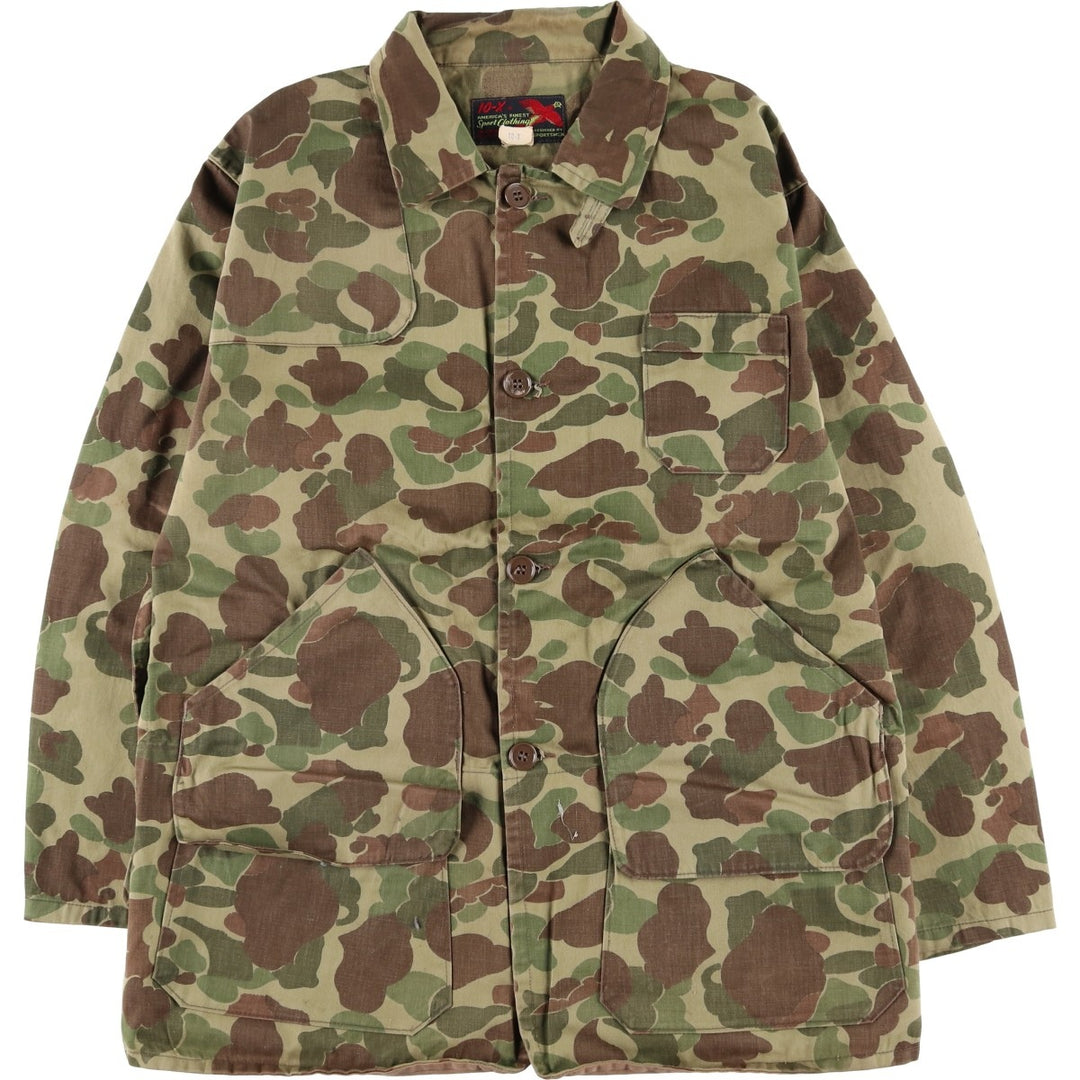 1960s-70'S 10-X America's Finest Sport Clothing Duck Hunter Camo Hunting Jacket, Made in USA, Men's Size L cotton Khaki type Vintage Second Hand