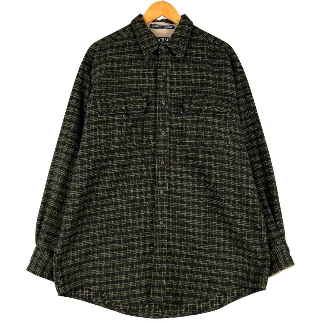 Ralph Lauren CHAPS Check Pattern Long Sleeve Polyester Shirt, Men's Size L polyester Green type dark green Vintage Second Hand
