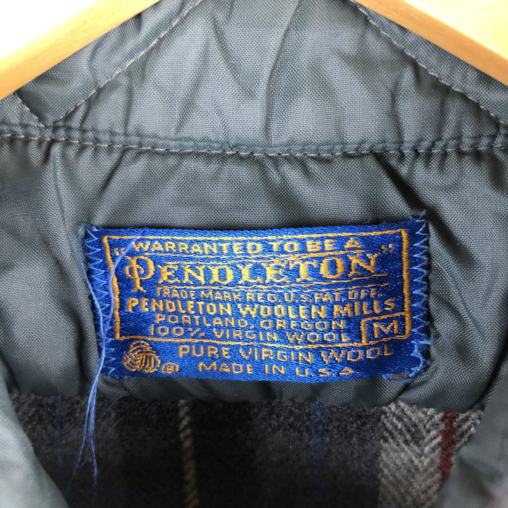 Vintage 70'S Pendleton Check Pattern Wool Shirt, Made in USA, Men's M Size wool Charcoal Vintage Second Hand