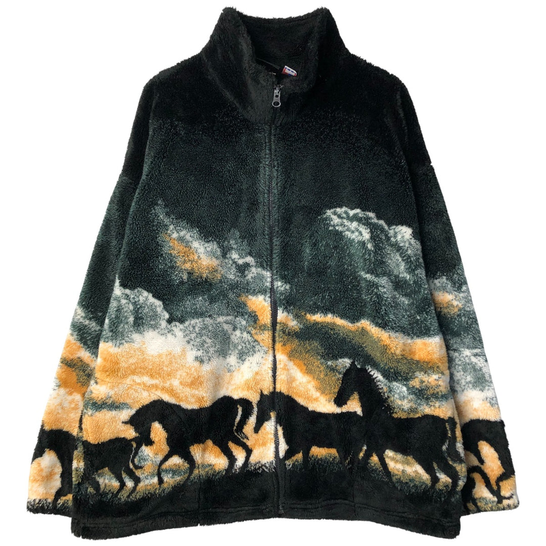 90'S MAZMANIA All-Over Horse Print Fleece Jacket, Made in USA, Men's Size XL, Vintage acrylic Green type dark green Vintage Second Hand