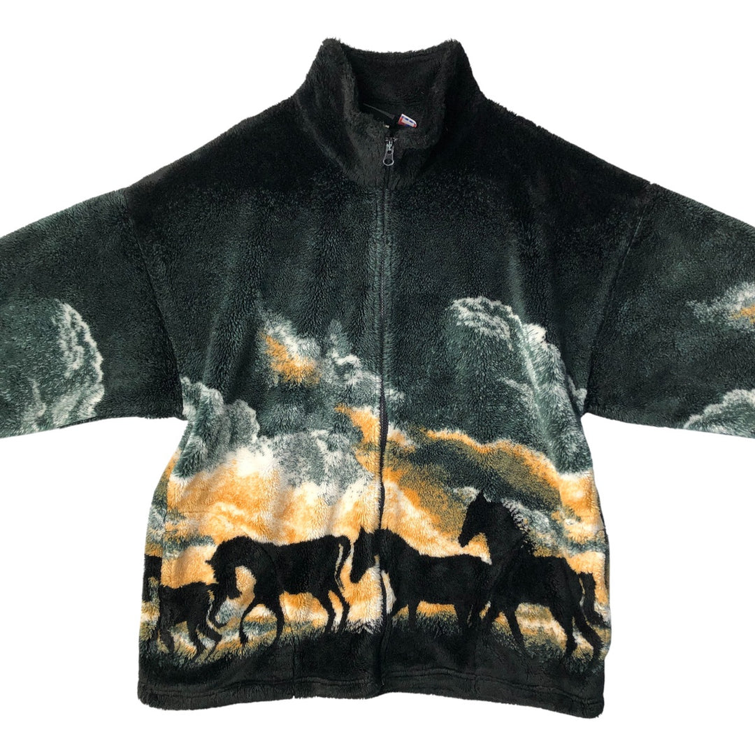 90'S MAZMANIA All-Over Horse Print Fleece Jacket, Made in USA, Men's Size XL, Vintage acrylic Green type dark green Vintage Second Hand