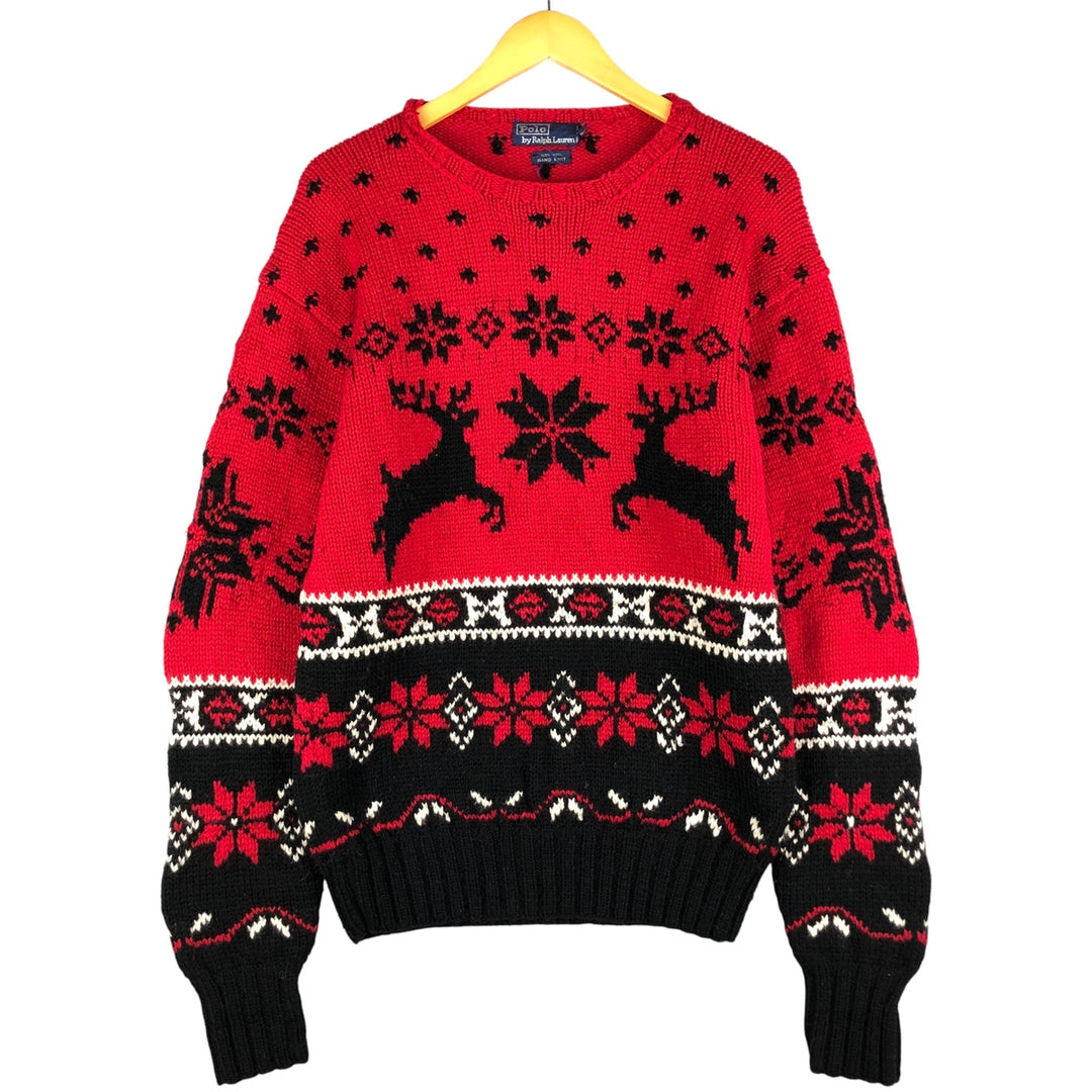 Ralph Lauren POLO by Ralph Lauren HAND KNIT Nordic sweater, men's size M, crew neck wool red type Vintage Second Hand