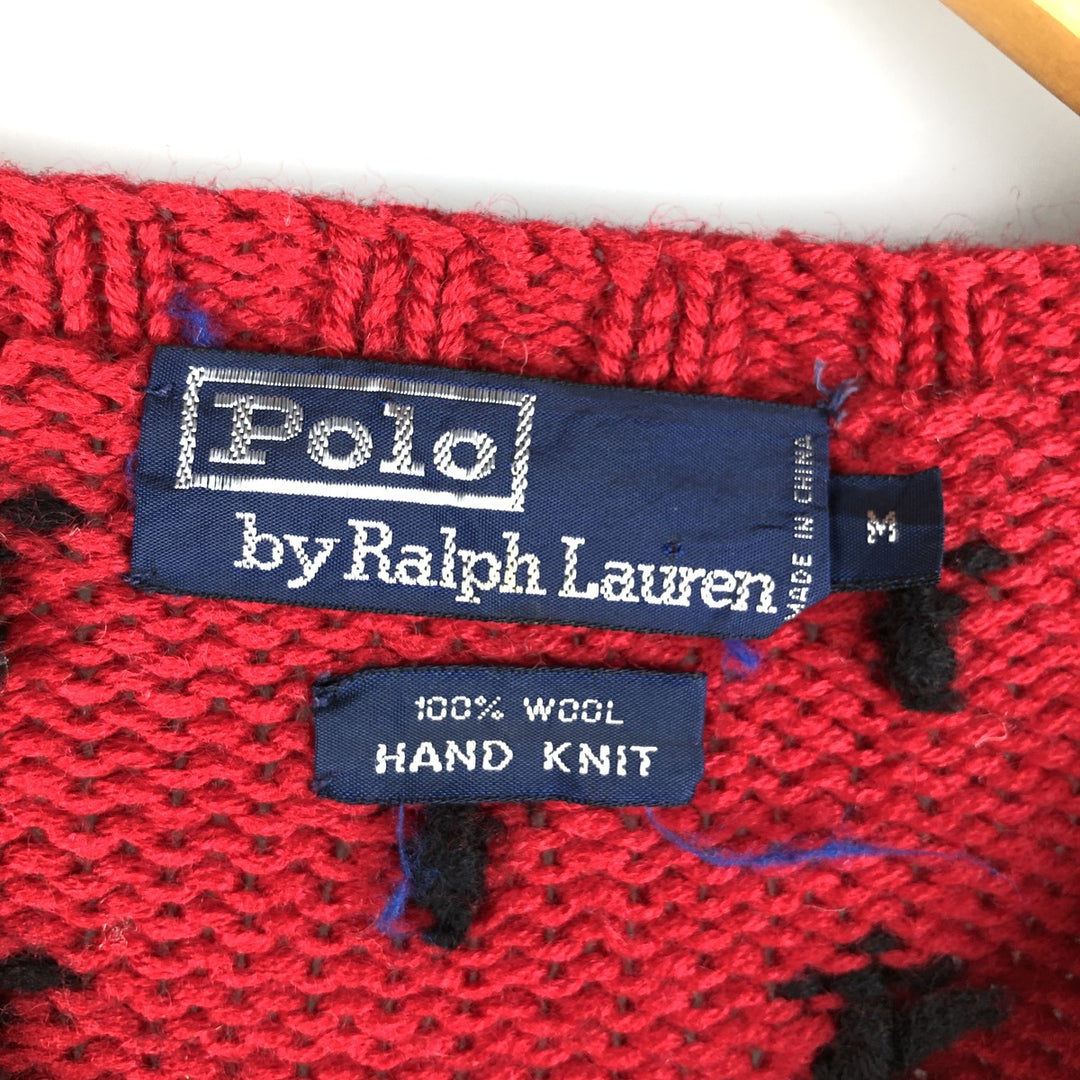 Ralph Lauren POLO by Ralph Lauren HAND KNIT Nordic sweater, men's size M, crew neck wool red type Vintage Second Hand