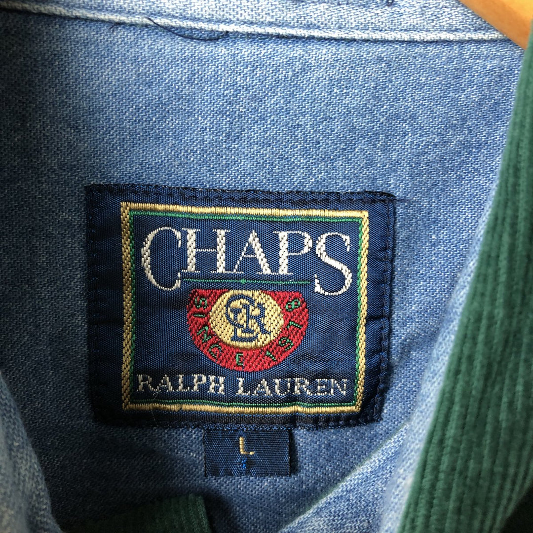 Vintage 1980'S Ralph Lauren Chaps long-sleeved button-down corduroy shirt, size L, men's cotton green type Vintage Second Hand