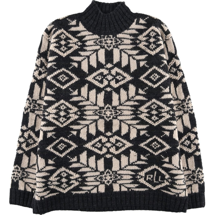 Ralph Lauren LAUREN All-Over Print High-Neck Nordic Sweater, Women's Size L wool Charcoal Vintage Second Hand