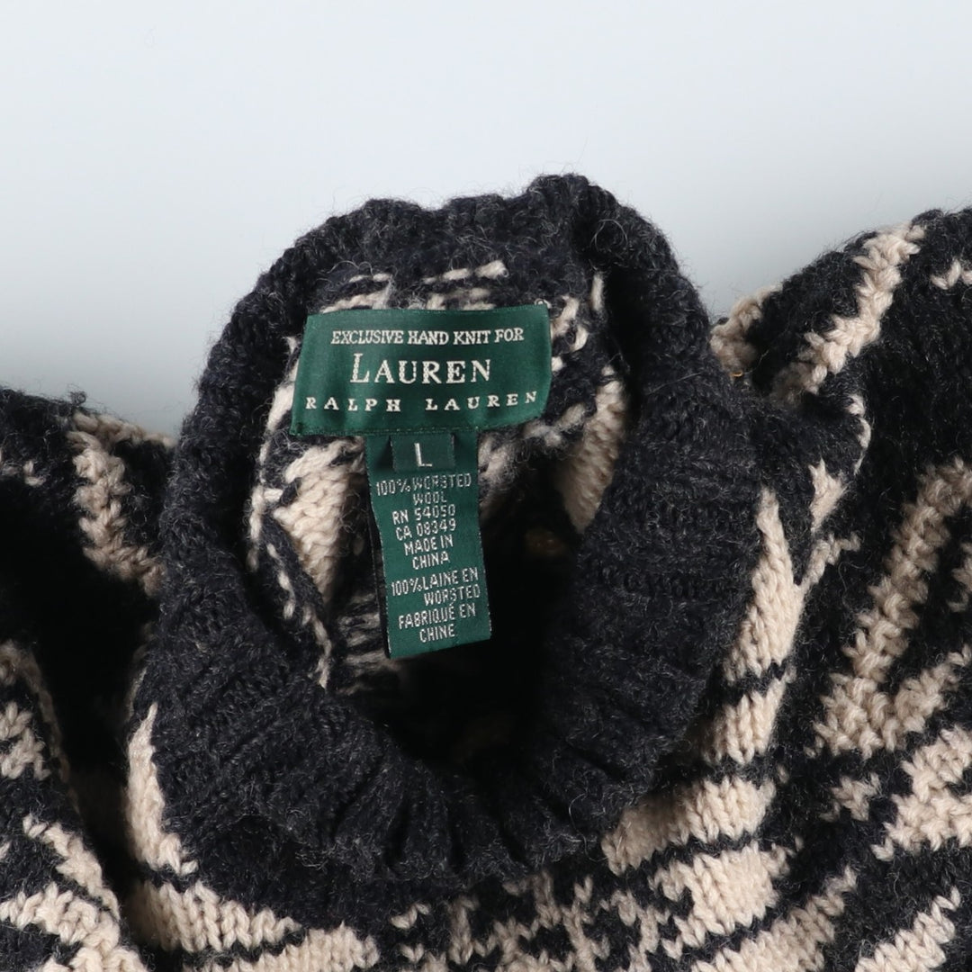 Ralph Lauren LAUREN All-Over Print High-Neck Nordic Sweater, Women's Size L wool Charcoal Vintage Second Hand