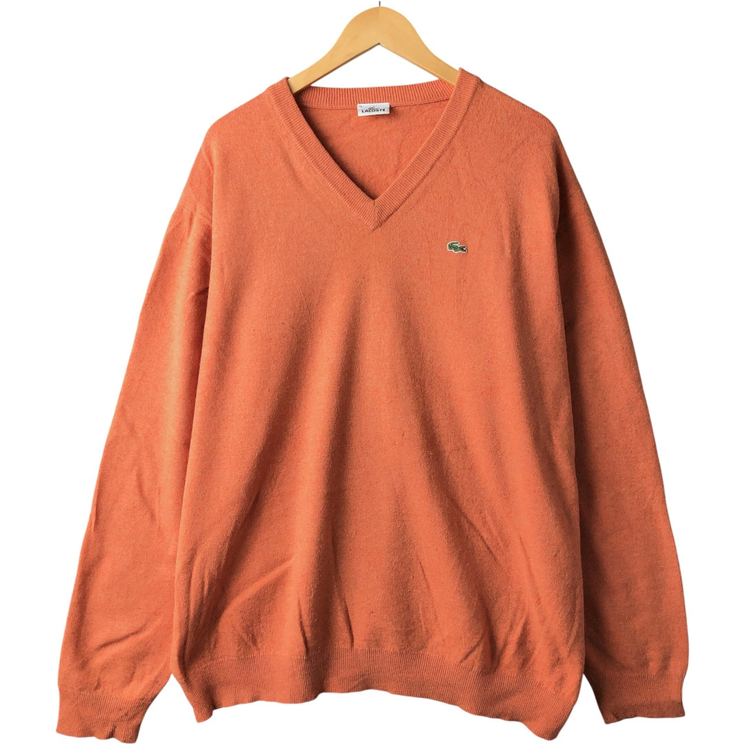 Oversized Lacoste V-neck lambswool knit sweater, size 9, men's XXXL Lamb wool orange type Vintage Second Hand
